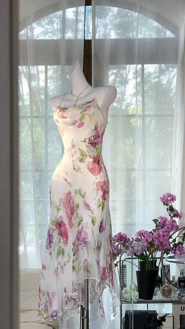 Pink Print Floral Mermaid Chiffon Date Dress Evening Dress Wedding Guest Dress HZ1023